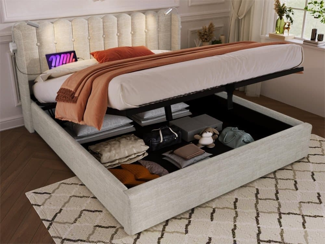 Cama Contenedor Tapizada Con Led Y Puertos De Carga Usb - 160x200cm - Tela De Lino - Con Somier - Beige