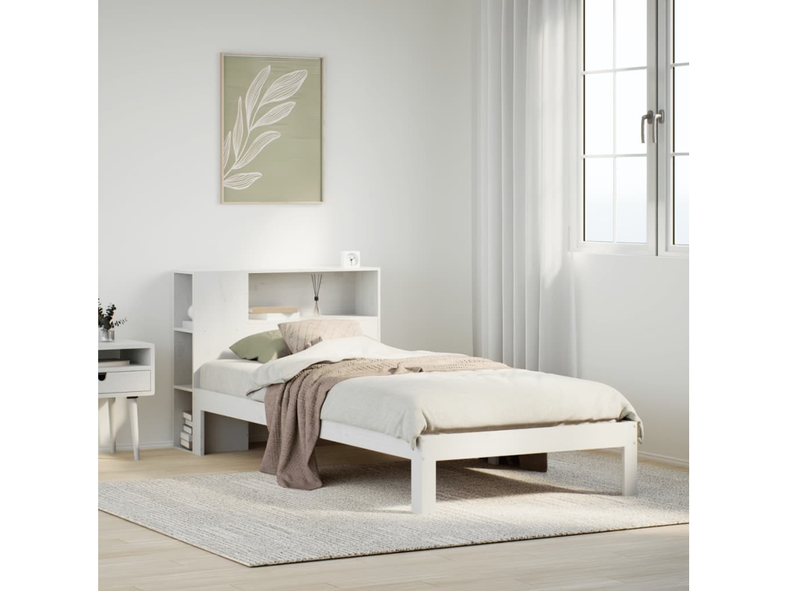 Cama Con Estantería Sin Colchón Madera Maciza Blanca 75x190 Cm