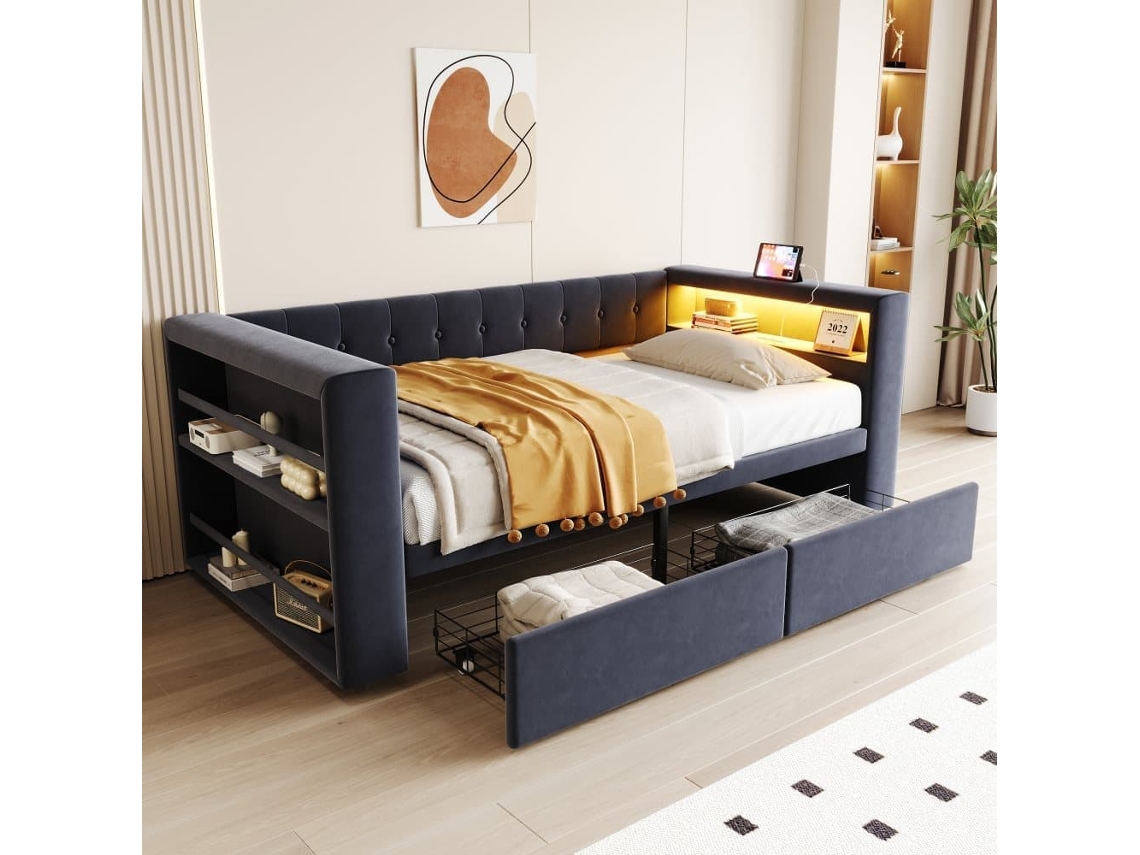 Cama Multifuncional 90x190 Cm - Con Iluminación Led, Toma De Corriente, Gran Almacenamiento - Gris Oscuro