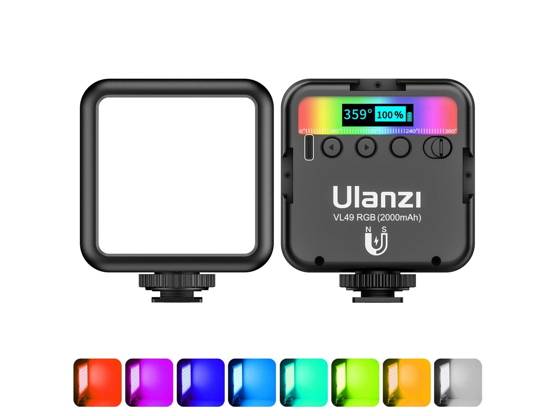Luz de vídeo VL49 RGB, luz de cámara LED Iluminación de fotografía portátil a todo color de 360°, luz regulable CRI 95+ 2500-9000K recargable de 2000 mAh negro CHRONUS