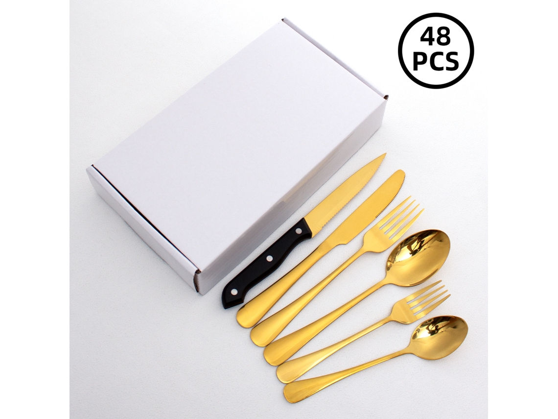 (juego De 48 Piezas - Dorado) Juego De Cubiertos De Acero Inoxidable, Cubiertos, Cuchillos, Tenedores Y Cucharas.