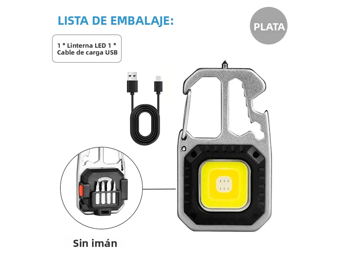 Mini linterna LED COB recargable con llavero multifuncional, resistente a los golpes MDUG (plateada)