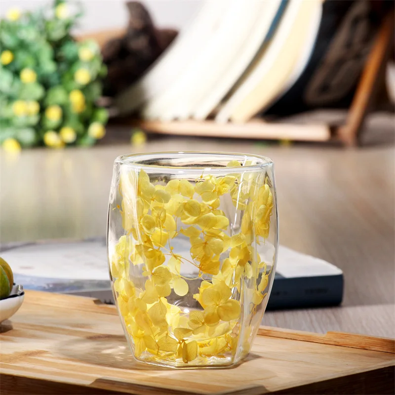 Taza de cristal transparente de doble pared personalizada con estampado floral MDUG (amarilla, 300 ml)