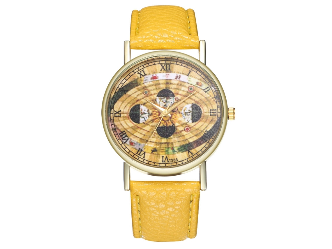Reloj De Pulsera De Cuarzo Con Correa De Poliuretano, Diseño Espacial Y Esfera Redonda Amarilla.