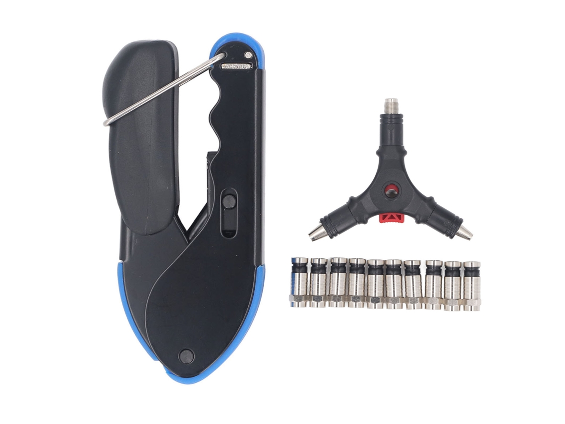 Kit de herramientas para cables coaxiales con herramienta de crimpado y pelacables para RG59 y RG6 con conectores F.