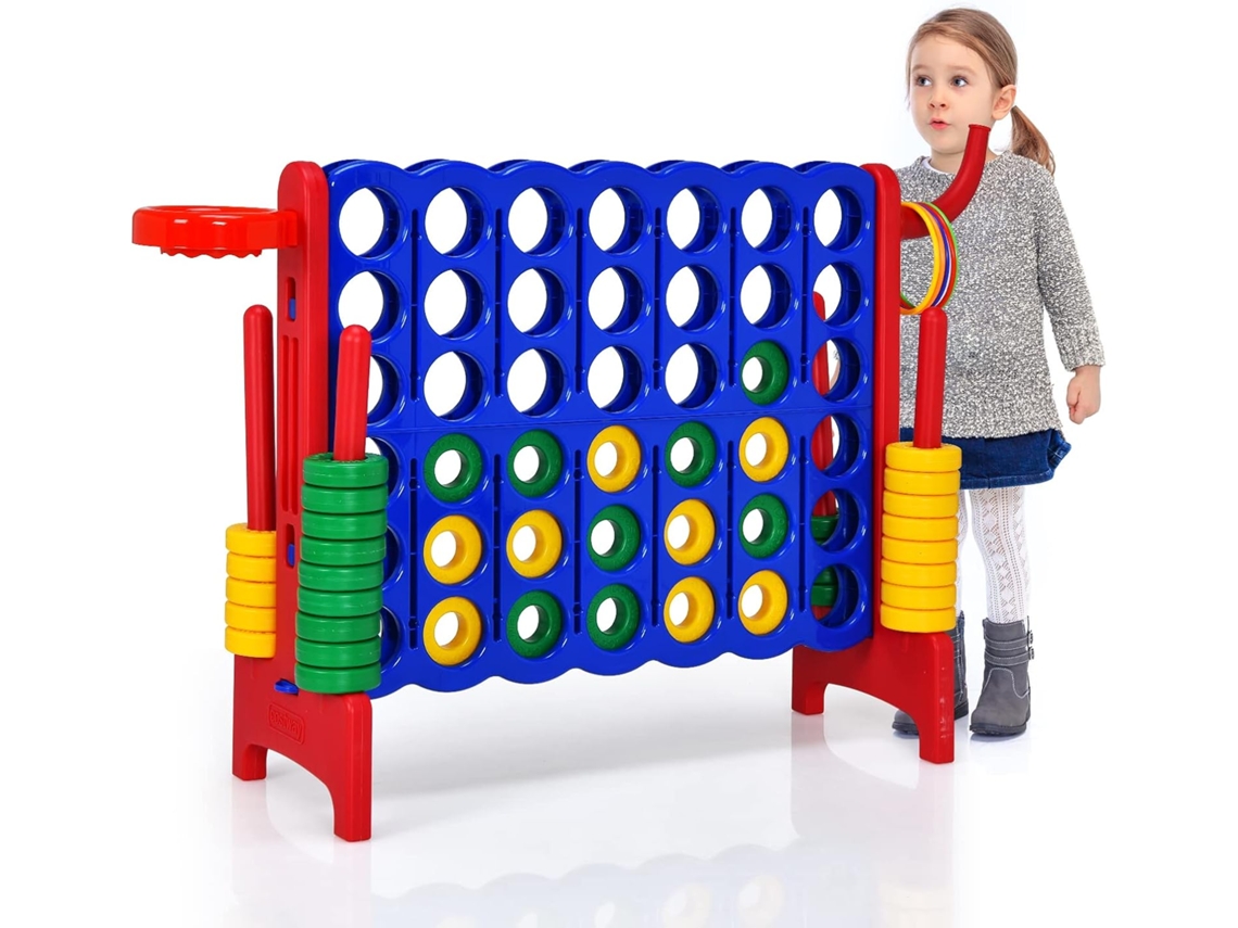 Juego de Conecta 4 Gigante, Mega 4 para Niños y Adultos, Jueguete de Exterior con Canasta y Juego de Lanzamiento de Anillos (Rojo y Azul) COSTWAY