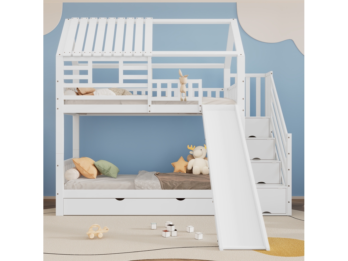 Litera Mobrio Blanca de 90x200 cm en Madera y MDF con Tobogán y Escalera de Almacenamiento