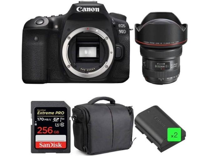 Kit Cámara Réflex CANON EOS 90D + EF 11-24mm f/4L USM + SanDisk 256GB + 2 LP-E6N + Bolsa