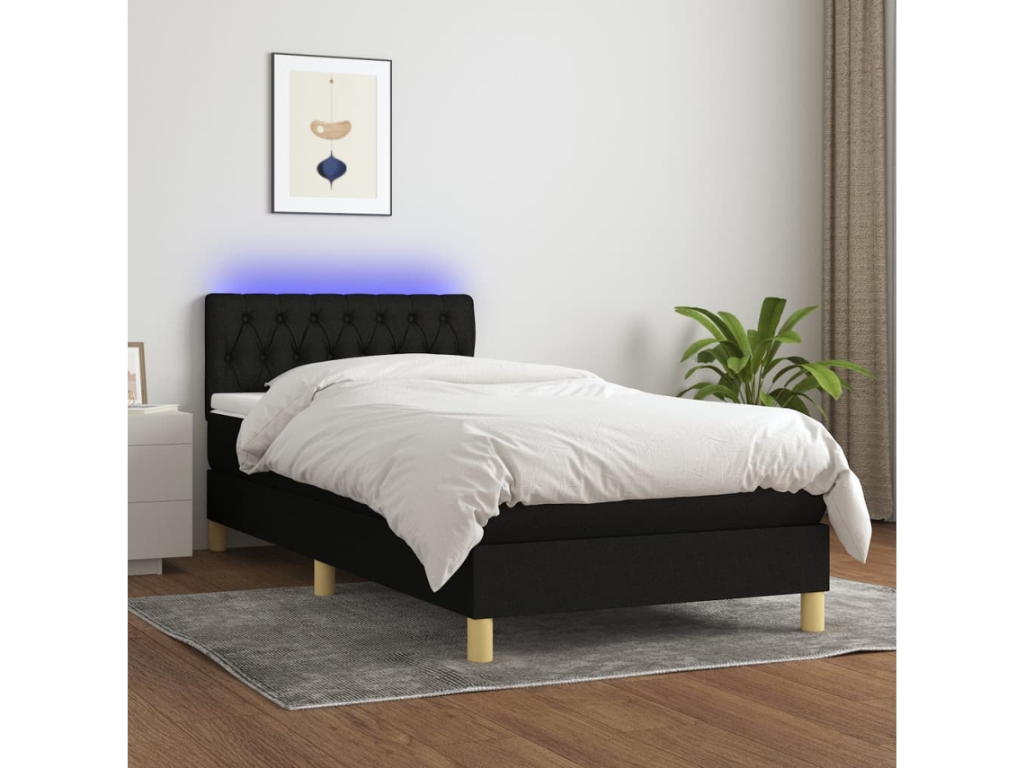 Cama Box Spring Con Colchón Led Tela Negro 90x200 Cm