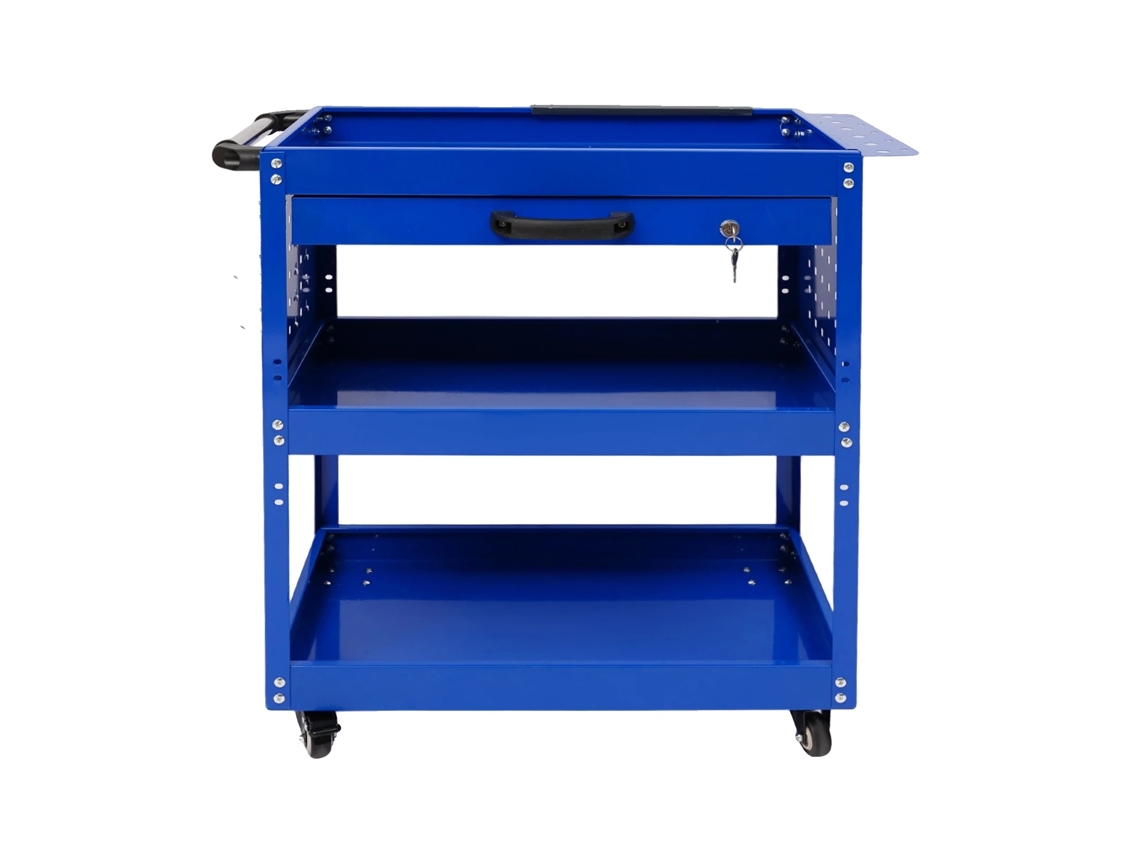 Carro de herramientas de 3 niveles, construcción de acero resistente, color azul.