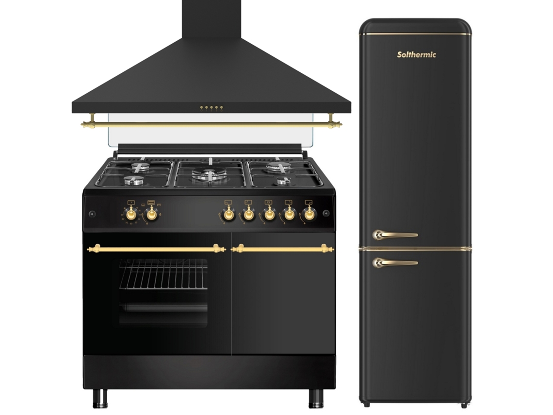 Solthermic® Combo Pack Estufa Gas Rustica Negra 90x60 Soporte para Extractor Cilíndrico 90 Frigorífico Congelador Retro 1.88