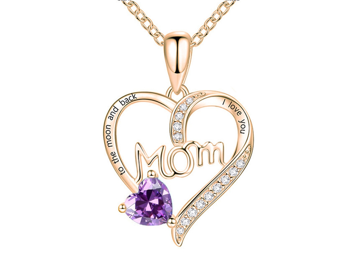 Colgante De Oro Rosa Lleva Grabada La Palabra "mamá" Dentro De Un Corazón. Decorado Con Piedras Moradas Y Circonitas Cúbicas, Es El Regalo P