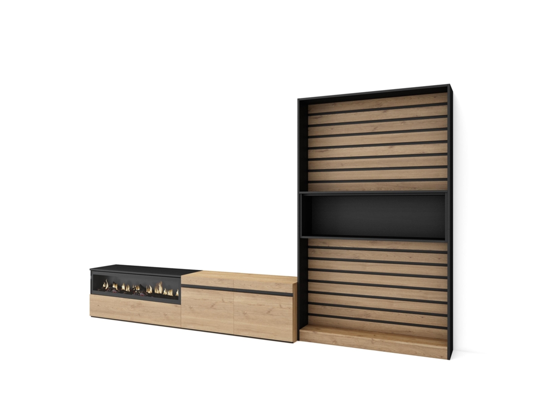 Muebles de Salón para TV SKRAUT HOME Para TV hasta 80", Chimenea eléctrica, Roble y Negro (310x186x35 cm)