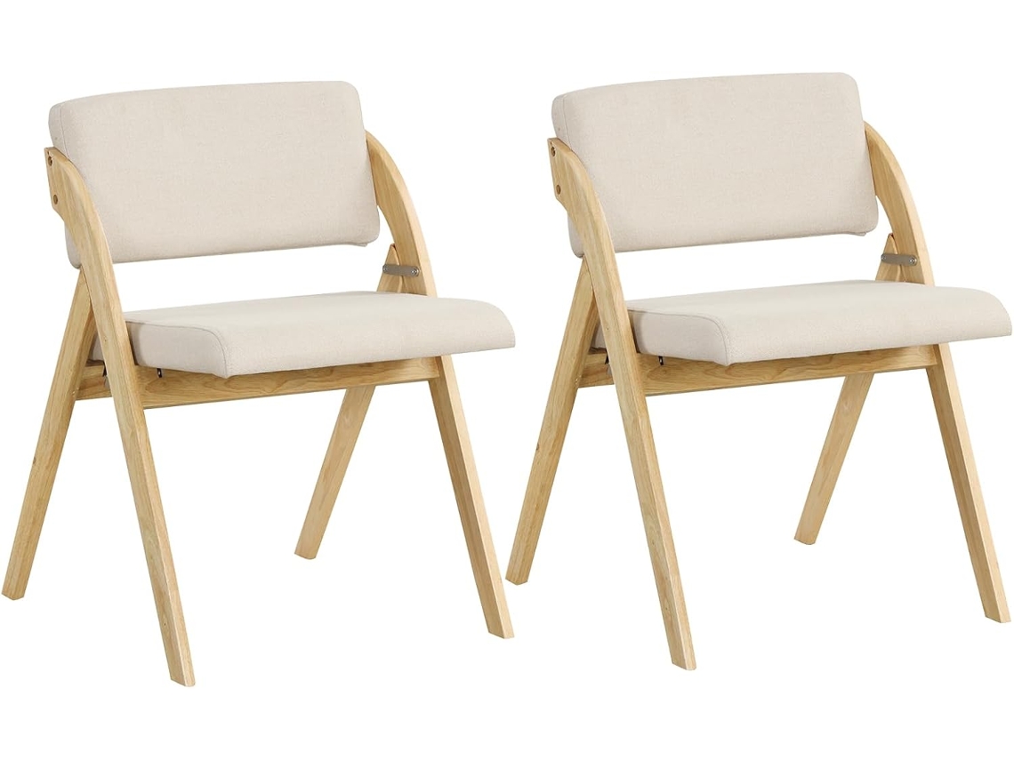 Juego de 2 Sillas de Comedor, Silla Plegable con Patas de Madera de Caucho, Asiento y Respaldo Acolchados, Natural y Beige COSTWAY