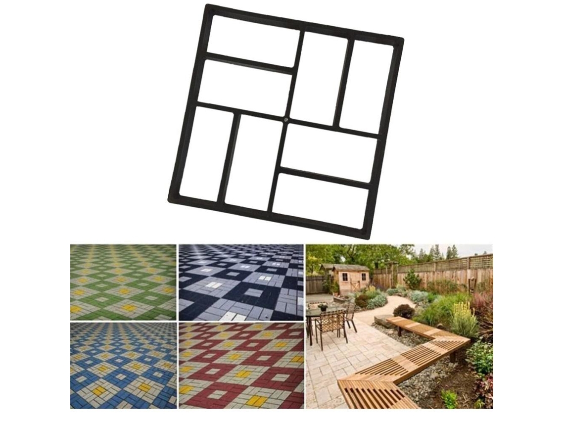 Herramientas, moldes, bloques de cemento, piedra, decoración de jardín