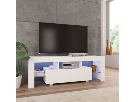 Vidaxl Mueble Tv luz led diseño moderno 2 cajones estantes luces aparador mesa baja televisor comedor blanco brillo 283734 130 35 45