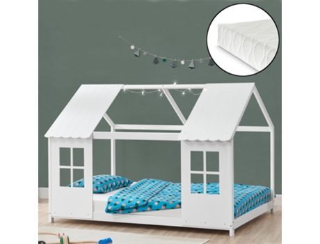 Cama para niños Tostedt en forma de casa con ventanas y colchón 140 x 200 cm pino - Blanco [EN.CASA]