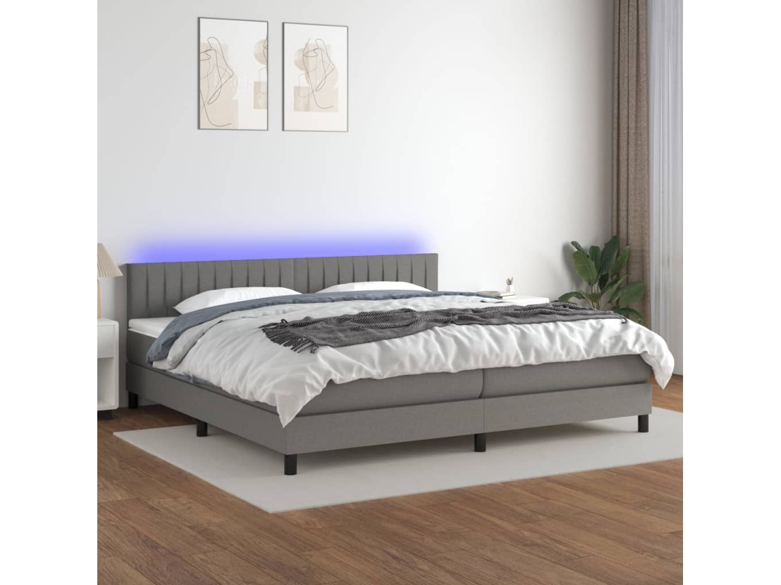 Cama Box Spring Colchón Y Luces Led Tela Gris Claro 200x200 Cm