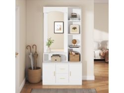 Mueble de entrada multifuncional con almacenaje, 2 cajones, 2 armarios y espejo, blanco MOBRIO (90 x 40 x 180 cm)