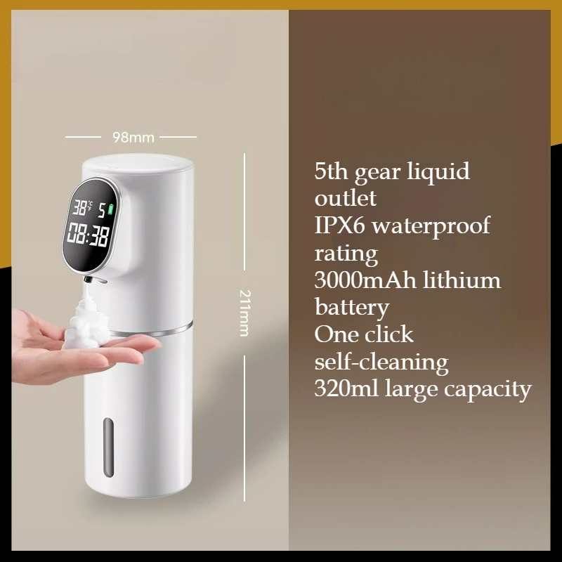 (modelo Espuma Blanca) Dispensador De Jabón Automático Con Pantalla Led, Recargable, 5 Configuraciones Ajustables
