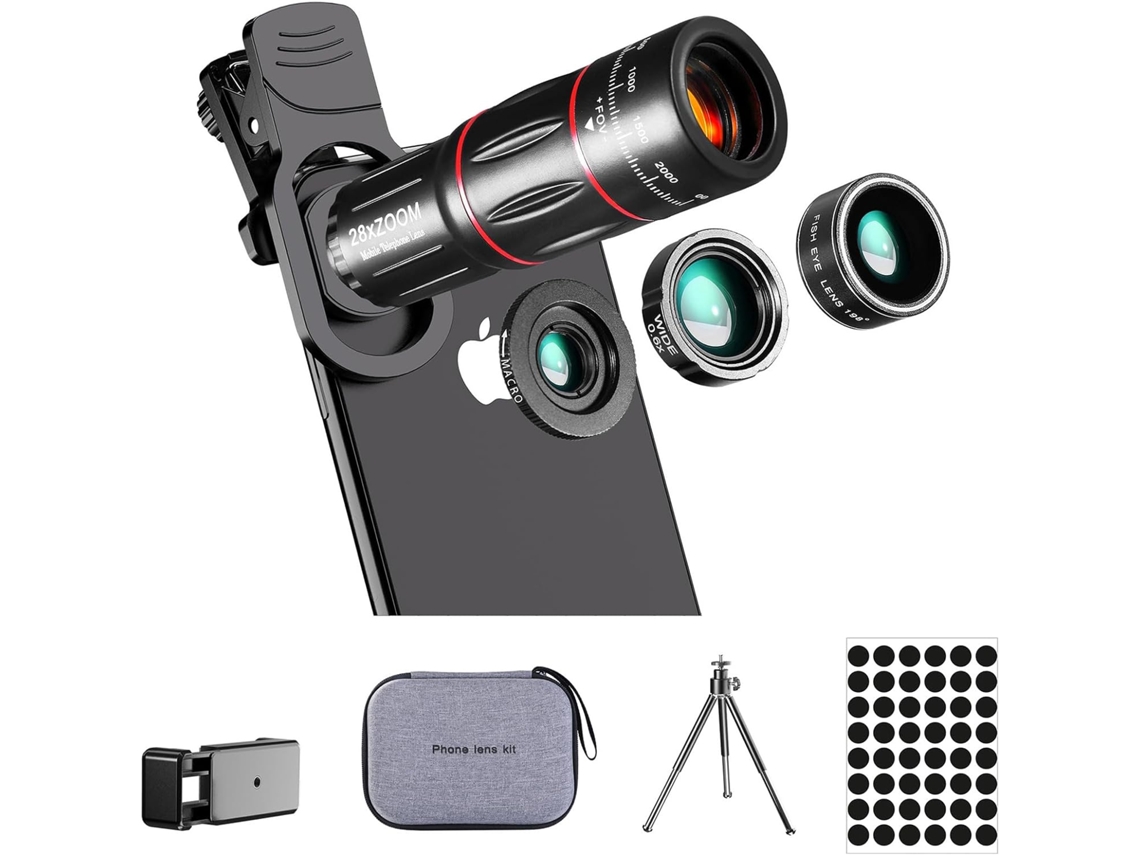Kit De Lentes Para Cámara De Teléfono, Versión Mejorada: Telefoto 28x, Gran Angular 0,6x, Macro 20x, Ojo De Pez 198° (negro)