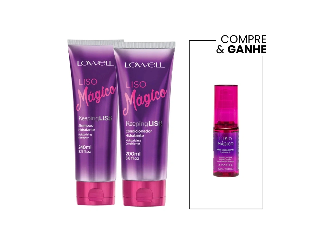 Kit Lowell Magic Smooth: Champú 240 ml, Acondicionador 200 ml, Aceite para suavidad duradera, brillo y antiencrespamiento