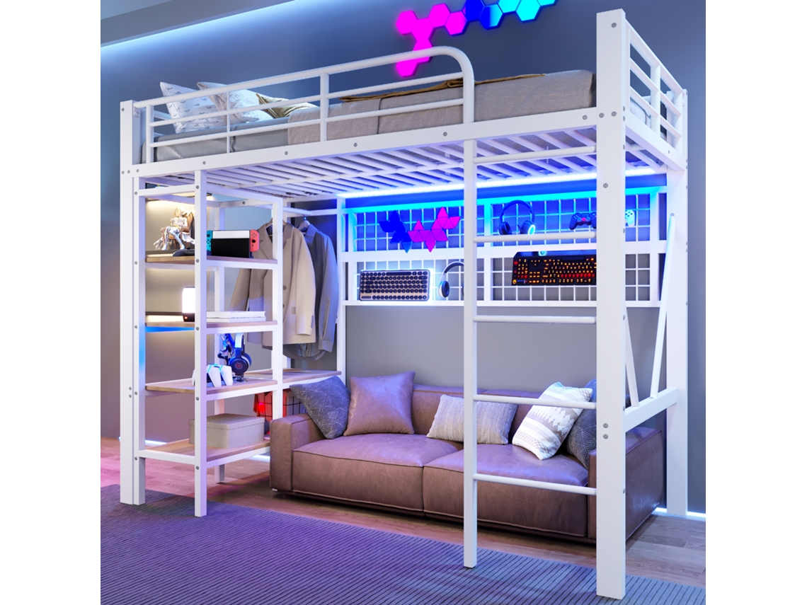 Cama Alta De 90x200 Cm Con Iluminación Led, Armario, Red De Almacenamiento, Estructura De Metal Blanco, Colchón No Incluido.