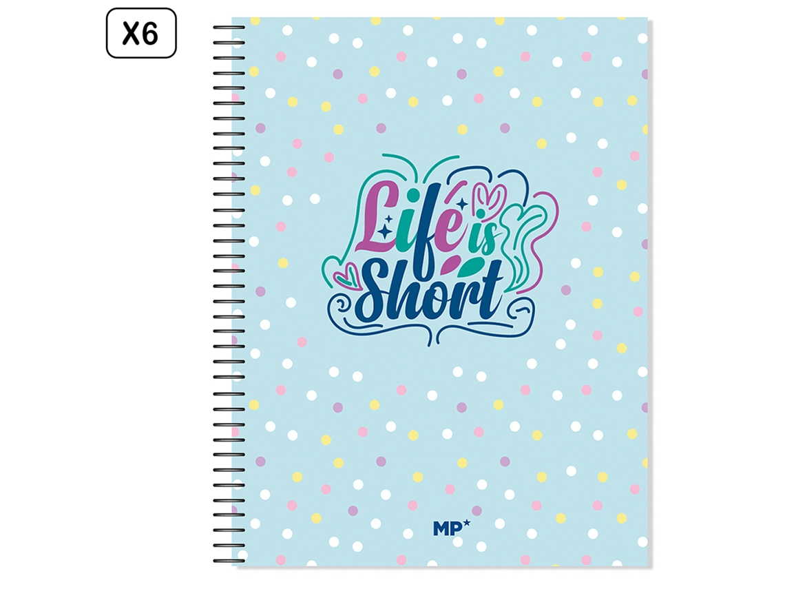 Paquete de 6 cuadernos A4 extra resistentes, 120 hojas, cuadriculados, diseño "La vida es corta"