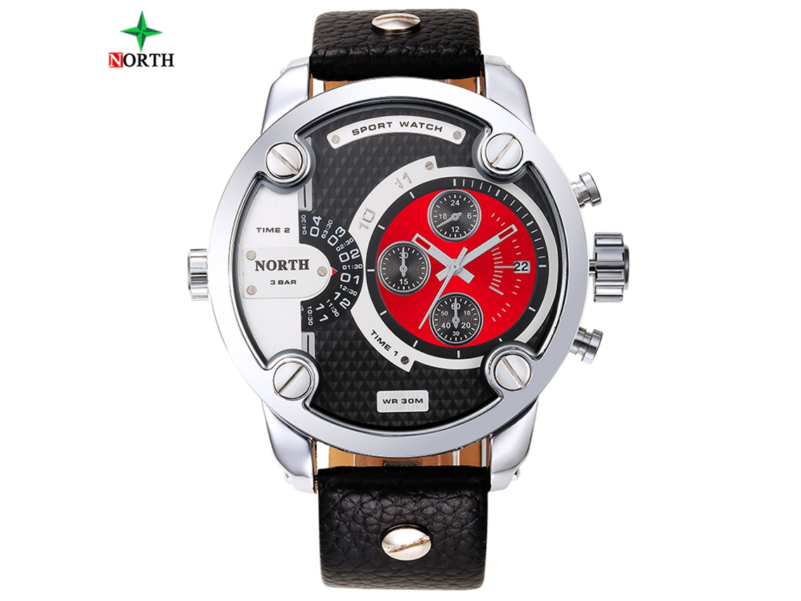 Reloj De Pulsera Analógico De Cuarzo Para Hombre Con Correa De Cuero E Indicador De Fecha, Esfera Roja.