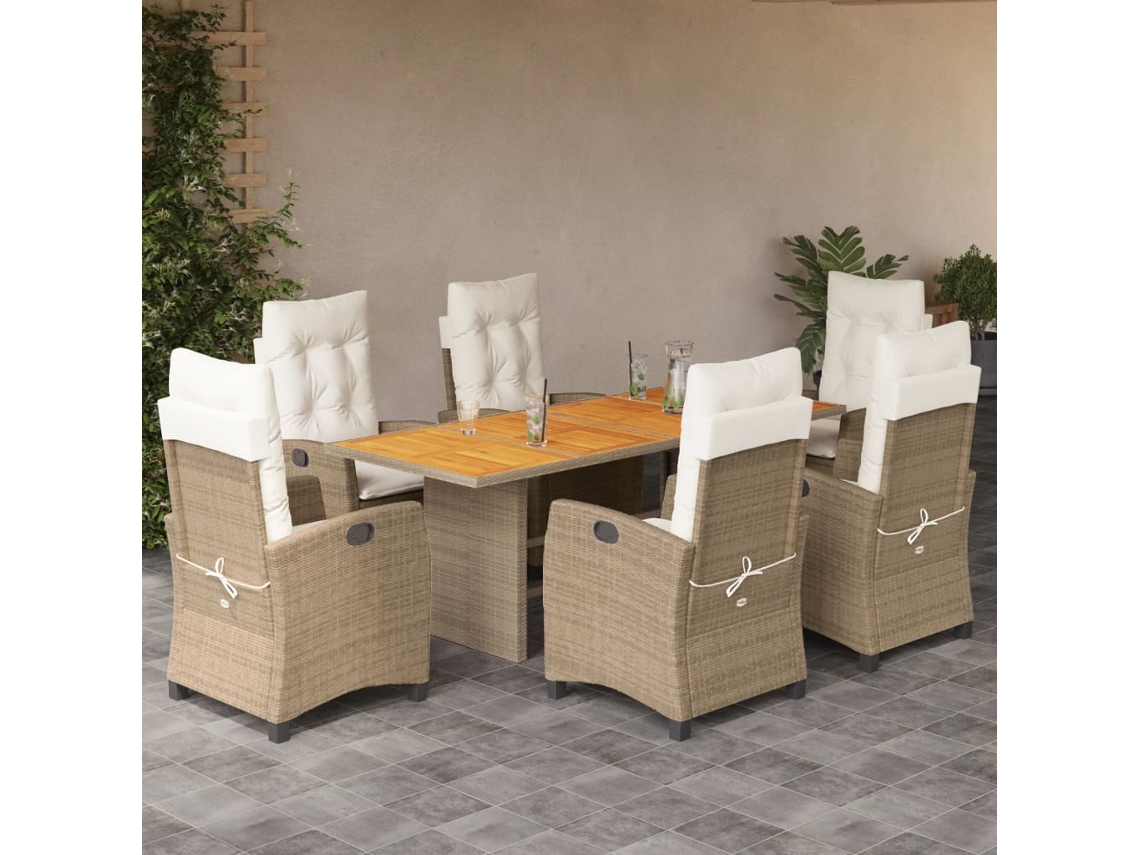 Juego de comedor de jardín de 7 piezas con cojines, mimbre sintético beige, DKD Home Decor