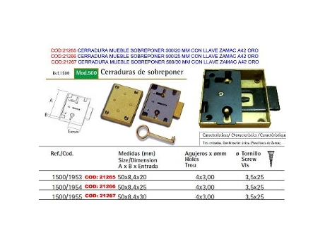 Cerradura mueble sobreponer 500-30 mm+llave zamac a42 oro