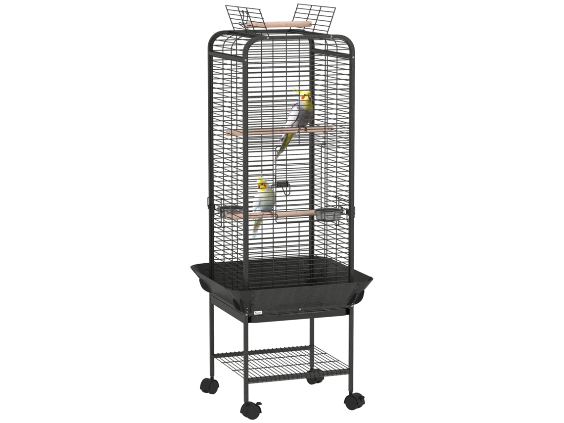 Jaula Para Loros Con Ruedas, 62,5 X 62,5 X 146 Cm, Perchas, Estante, Gris Oscuro.