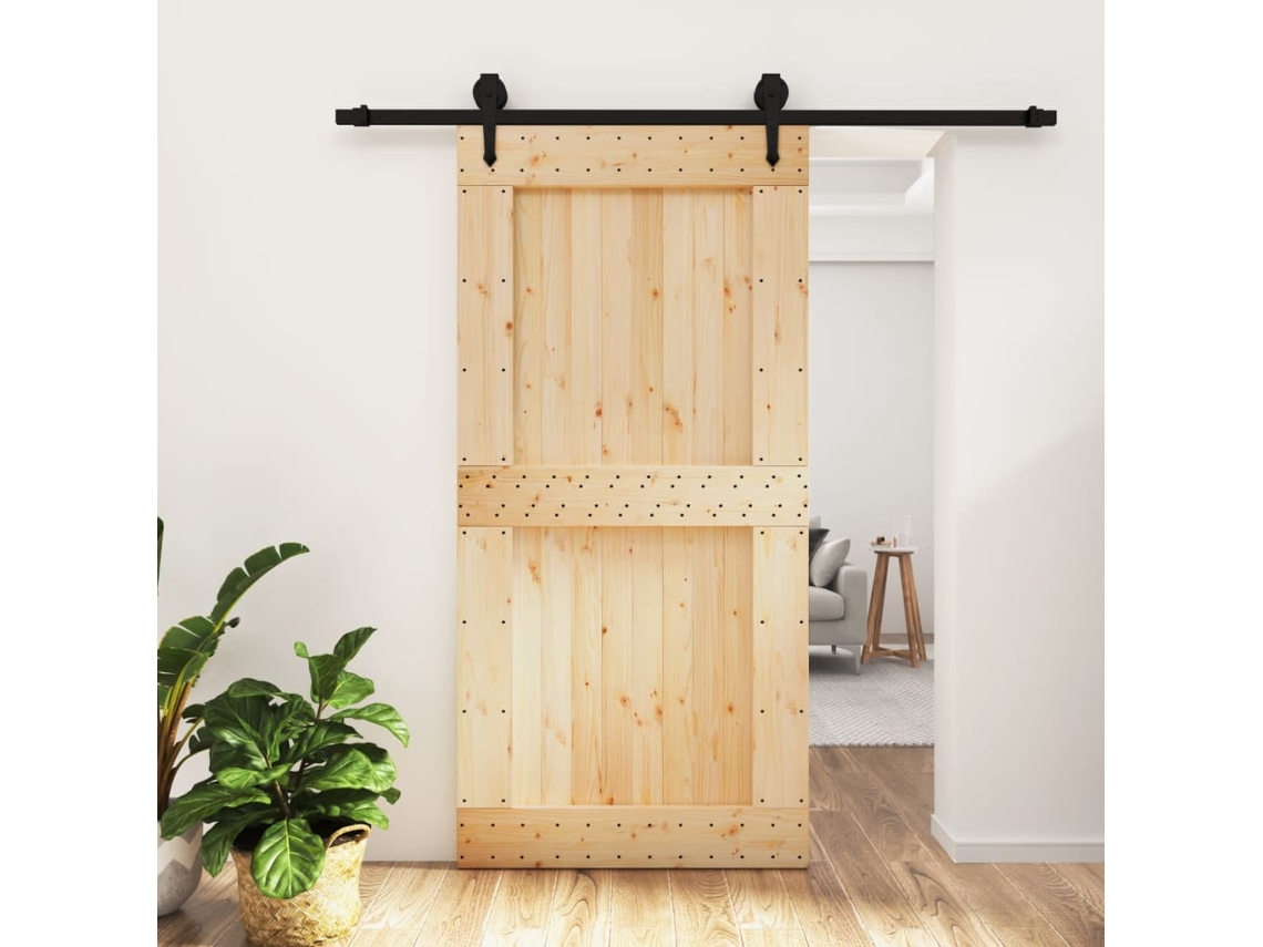 Puerta Corredera Con Herrajes Madera Maciza De Pino 100x210 Cm