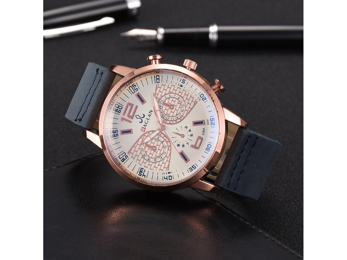 Reloj De Pulsera Casual Para Hombre Con Correa De Pu Y Caja De Oro Rosa (azul)