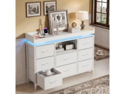 Cómoda Con 8 Cajones, Aparador Con Estación De Carga Y Led, Mueble Con Cajones De Tela Para Sala De Estar, Blanco, Rosahnda