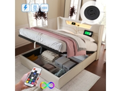Cama Doble 140x200 Cm, Led Y Usb-c, Almacenamiento, Lino, Somier Incluido, Colchón No Incluido.