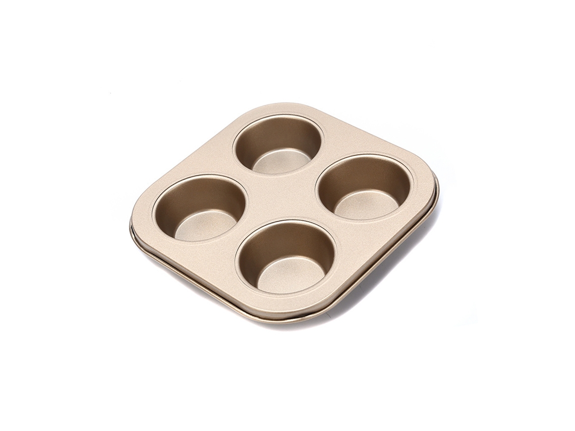 Molde redondo de acero al carbono para cupcakes con cuatro cavidades y revestimiento antiadherente. MDUG (dorado)