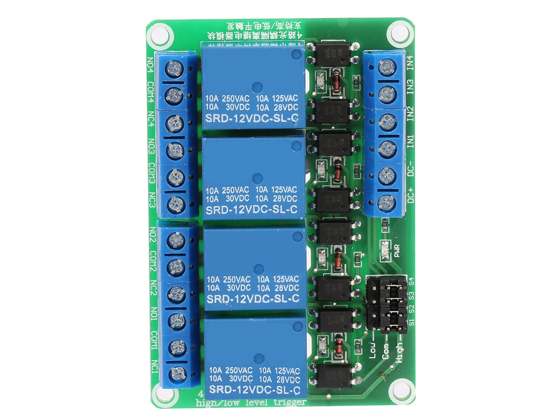 Módulo de relé optoacoplador de 4 canales con disparo por alta y baja tensión, compatible con 12 V.