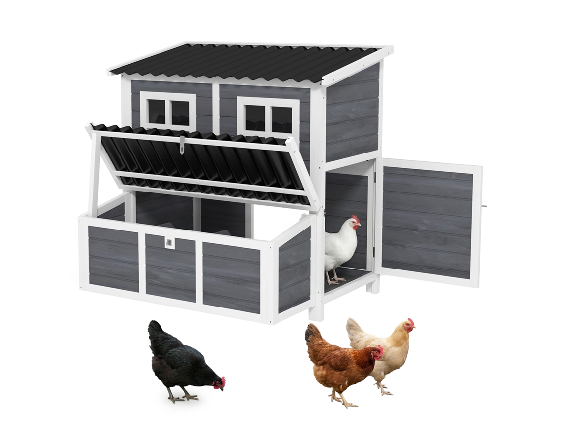 Gallinero con ponedero para 4 a 6 gallinas, techo impermeable, madera de abeto, plástico, 100 x 86 x 100 cm, gris claro.