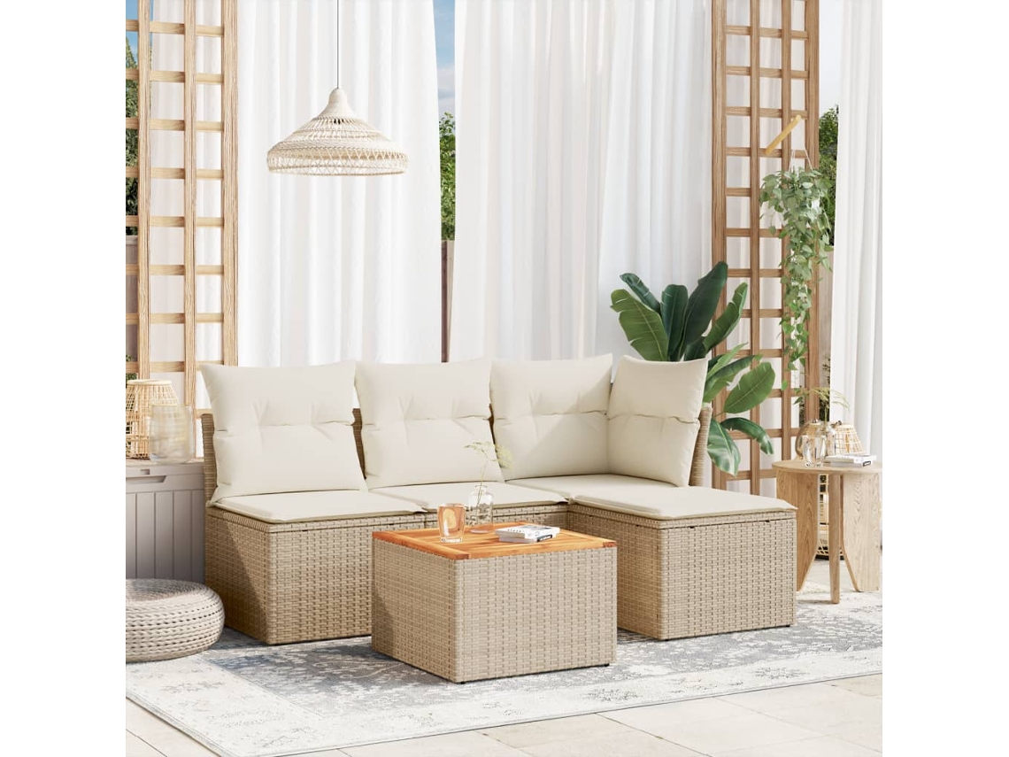 Conjunto de sofá de jardín de 5 piezas con cojines, mimbre sintético beige, Dkd Home Decor