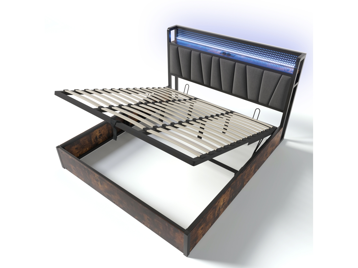 Cama de tela de lino con almacenaje, 180 x 200 cm, con puertos de carga LED y base, color gris
