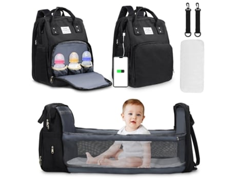 Mochila EALLC para pañales para viajes Big Mom Mochila para cambiar pañales para bebés con cama Usb Negro