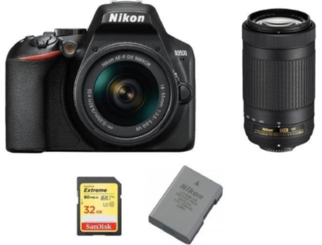 Kit Cámara Réflex NIKON D3500 AF-P 18-55mm F3.5-5.6G VR + AF-P DX 70-300MM F4.5-6.3G ED VR DX + Tarjeta SD de 32GB + bateria NIKON EN-EL14A