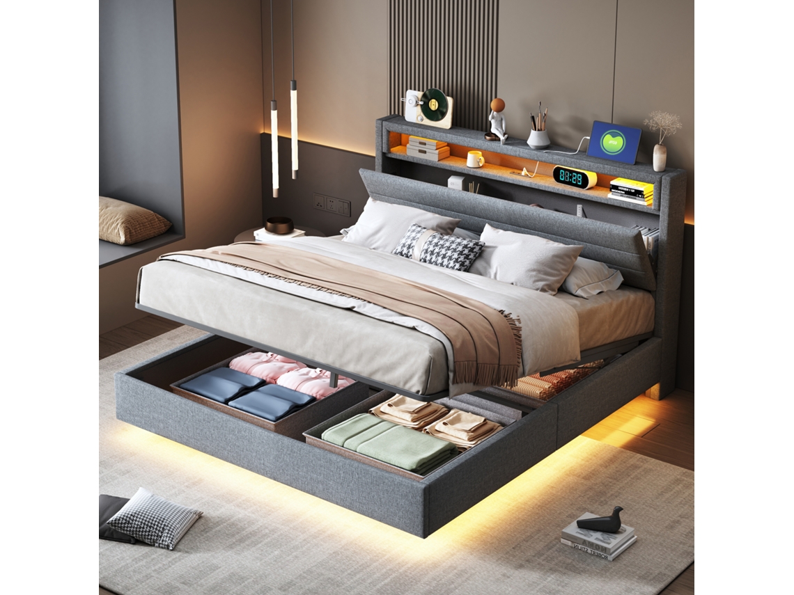 Cama Suspendida 140x200 Cm Con Almacenamiento, Led, Usb, Cabecero Reversible, Hidráulica, Lino Gris.