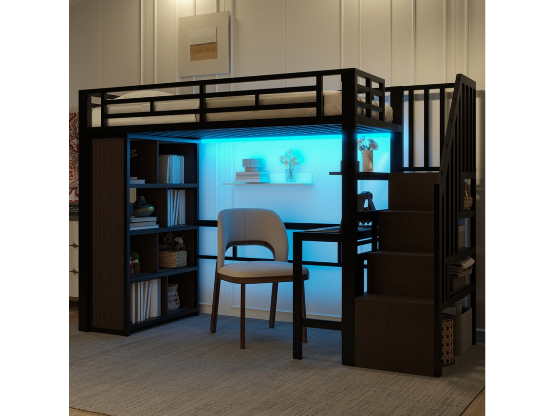 Cama Alta De Metal De 90x200, Escritorio Negro, Escalera Led Con Almacenamiento