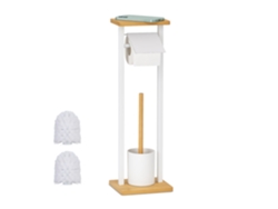 Juego De Baño Relaxdays, Estante Independiente, Hbt: 73,5 X 20 X 20 Cm, 2 Cepillos, Soporte Papel, Blanco/natural
