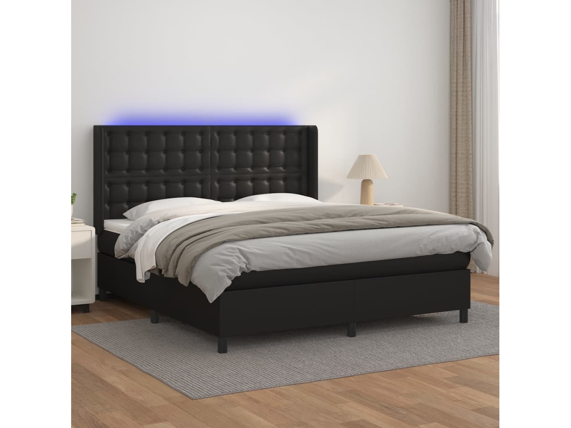 Cama Box Spring Colchón Y Led Cuero Sintético Negro 160x200 Cm