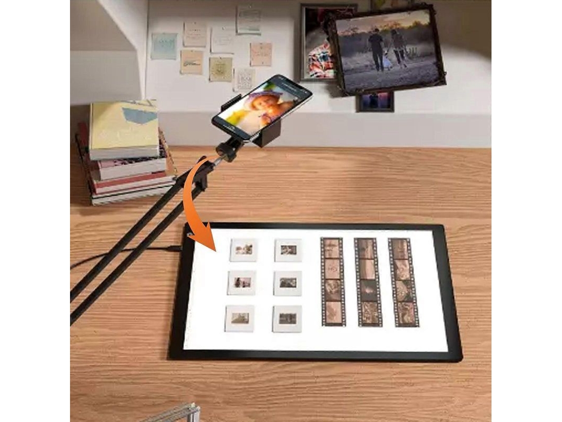 Visualizador USB A4 ultrafino. Digitaliza negativos película fotográfica. Ajuste brillo escala.