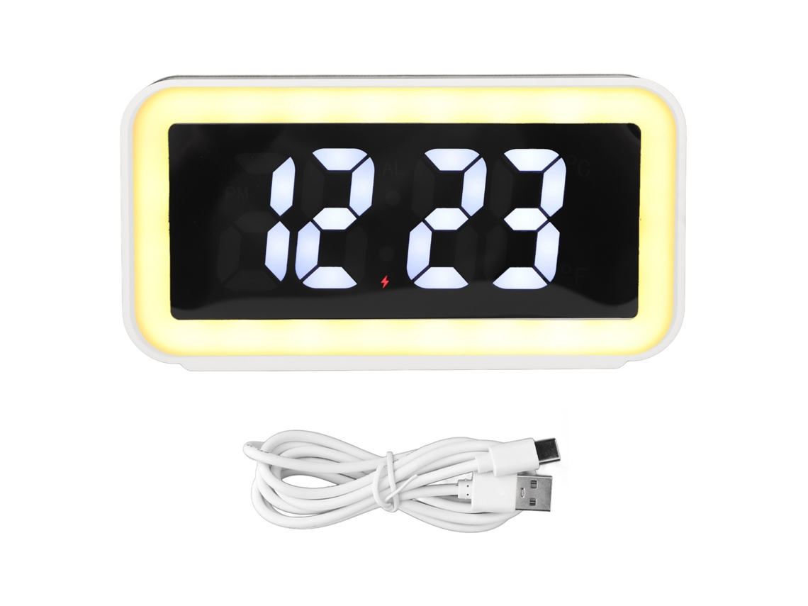 Despertador Con Carga Inalámbrica Y Carga Usb Inversa Led Pantalla Grande Rectangular Digital Blanco Para Dormitorio