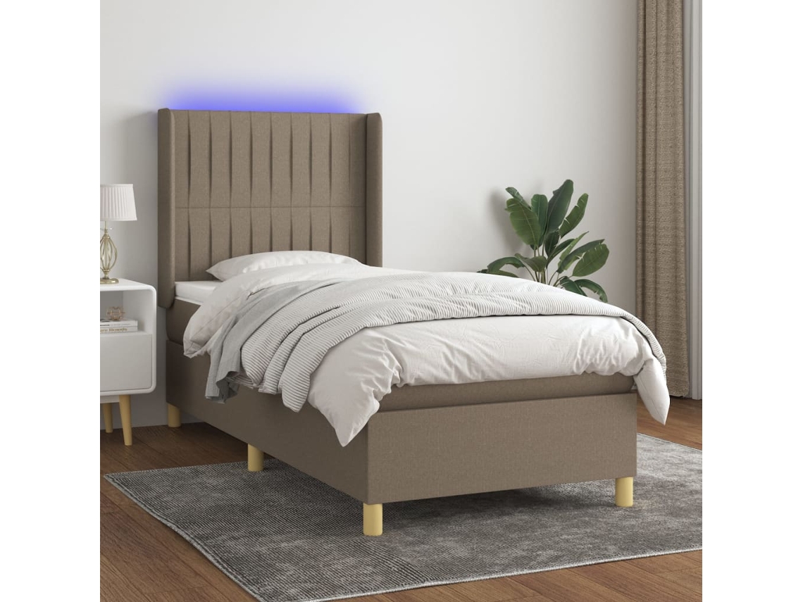 Cama Box Spring Colchón Y Luces Led Tela Gris Taupe 100x200 Cm